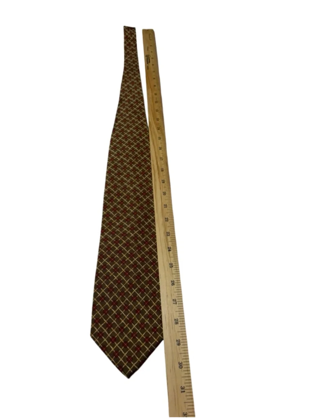 Calvin Klein Silk Tie Brown Gold Geometric Grid Medallion Pattern USA Designer